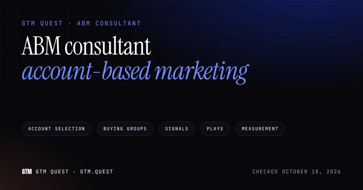 ABM consultant: account-based marketing, designed and handed over Card titled ABM consultant, account-based marketing, with chips for account selection, buying groups, signals, plays and measurement.