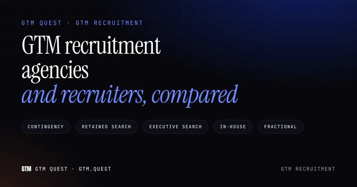 GTM recruitment agencies and recruiters, compared GTM recruitment agencies and recruiters compared: contingency, retained search, executive search, in-house and fractional routes.