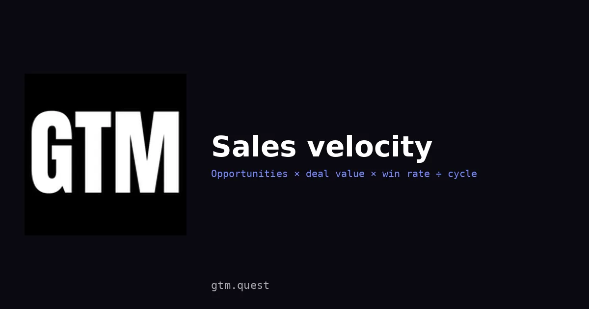 Sales velocity: formula and example | GTM Quest Sales velocity formula: opportunities, deal value, win rate and sales cycle, by GTM Quest
