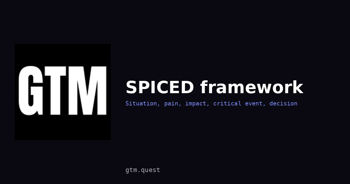 SPICED framework: sales discovery explained | GTM Quest SPICED framework: situation, pain, impact, critical event, decision, by GTM Quest